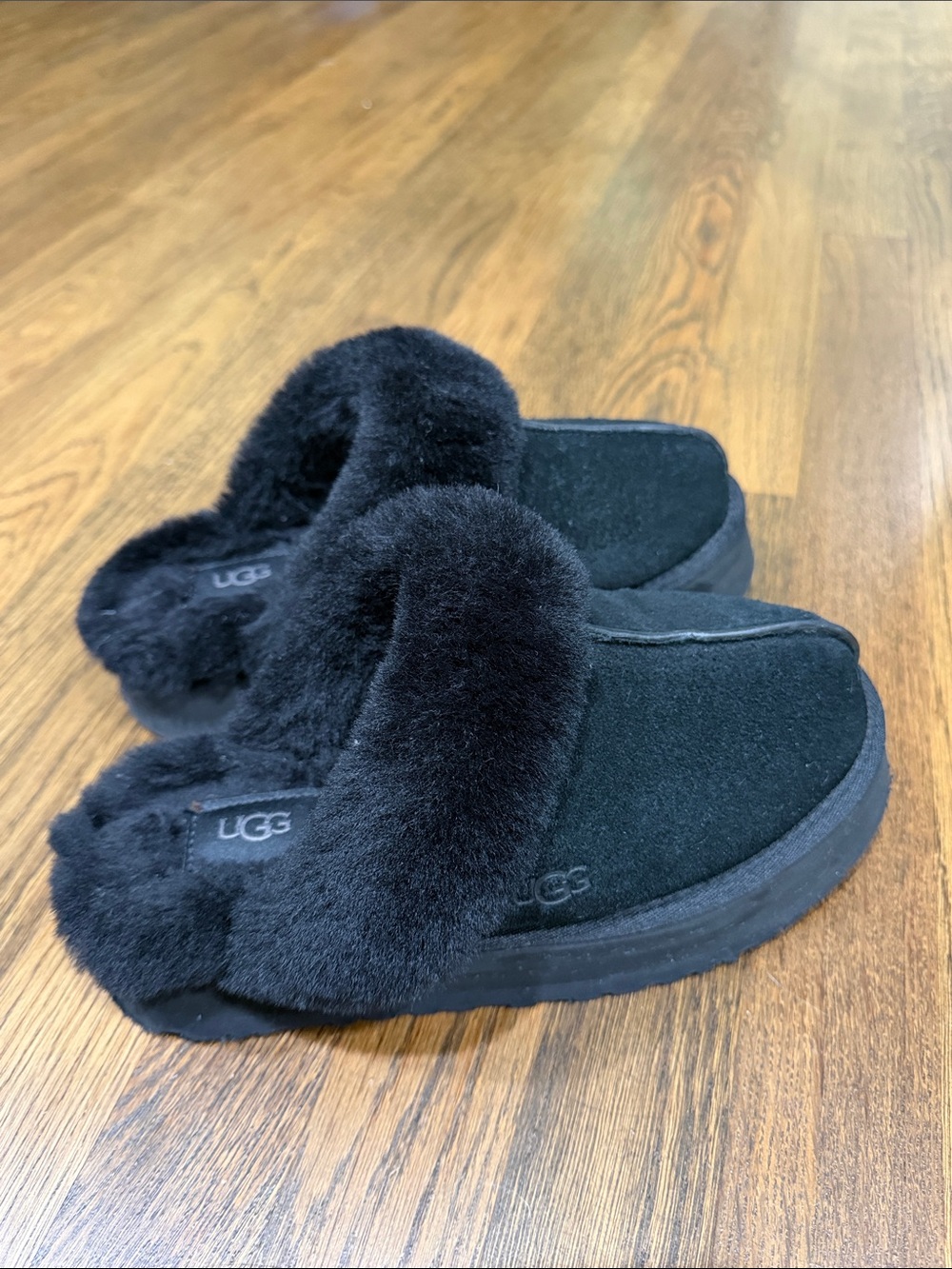 UGG Women's Black Suede Shearling Clog Slippers